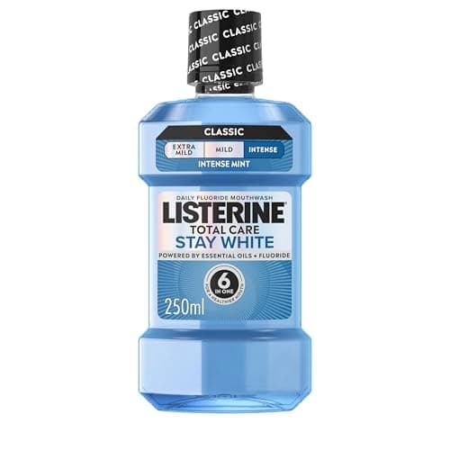 Image of Listerine Total Care Stay White Intense Taste Classic Antibacterial Mouthwash (250ml), Fresh Mint Blast Flavour With 6-in-1 Benefits