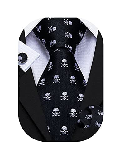 Image of Barry.Wang Man Necktie Sets Silk Skull Woven Black Tie Hanky Cuff Links Ceremony Party