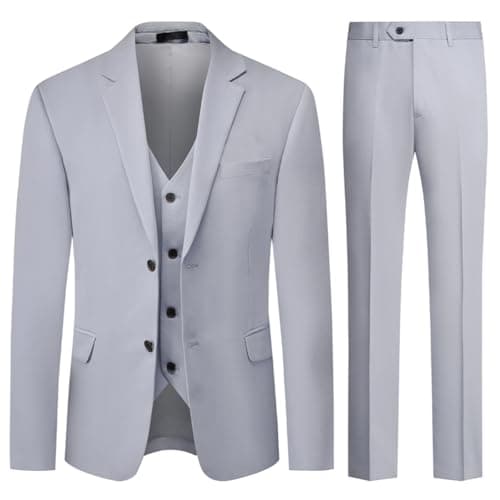 Image of Allthemen Mens 3 Piece Stretch Business Suits 2 Button Classic Suit Blazer Waistcoat Trousers Light Grey XL