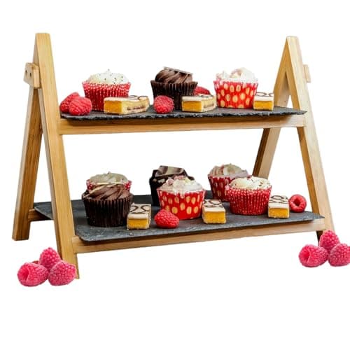 Image of 2 Tier Slate Cake Stand | Afternoon Tea Stands | Rustic Serving Platter for Desserts | Antipasti & Tapas Tray | Platters for Party Food | Foldable Food Display Rack