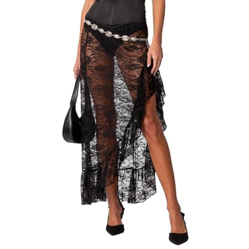 Image of Caziffer Women Summer Lace Bodycon Skirt Casual Floral Elastic Skirt for Beach Cover-up Long Skirts Vacation Club Streetwear (UK, Alpha, M, Regular, Regular, C Black)