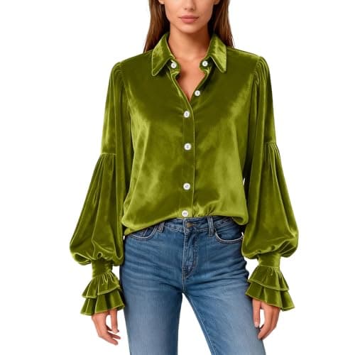 Image of Velvet Tops for Women Button Down Shirts Vintage Long Bell Sleeve T Shirts Renaissance Tops Fashion Elegant Blouse Mint Green S