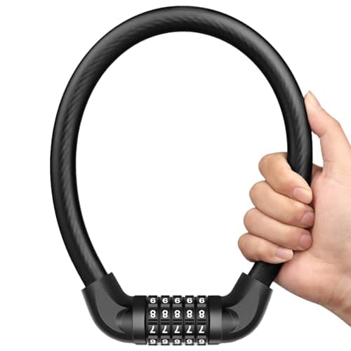 Image of JIMJOOS Heavy Duty Bike Lock - 5-Digit Combination Cable Bicycle Lock - Waterproof Motorbike Lock - Ideal for Cycle, Motorcycle, Scooter, Mountain Bike, Pram - Includes Protective Pouch (Pack of 1)