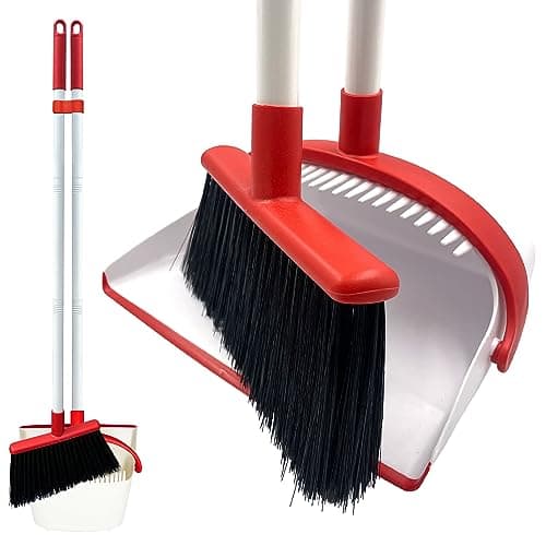 Image of Long Handled Dustpan and Brush Set – Broom and Dustpan Set Reduce Bending Tall Lobby Dustpan and Sweeping Brush (White & Red)