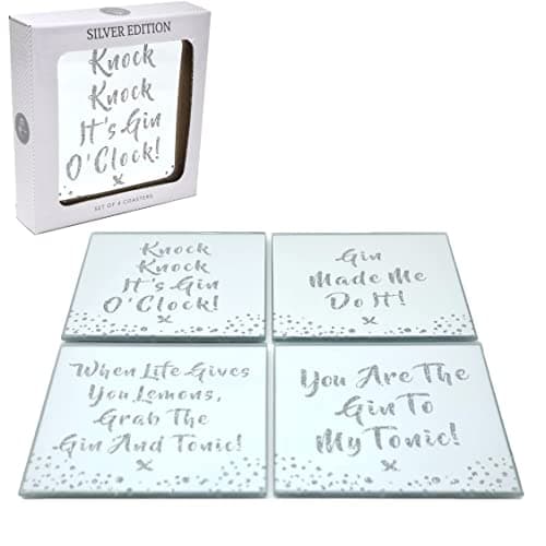 Image of The Leonardo Collection Heat Resistant Set Of 4 Glass Coasters - Silver Gin Glitter Slogans