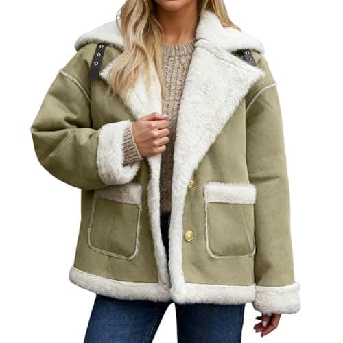 Image of Women Oversized Sherpa Lined Leather Jacket Faux Suede Fleece Shearling Coat Winter Biker Aviator Jacket Overcoat Windproof Comfortable Classic Spring Fall Outfits Motorcycle Jackets