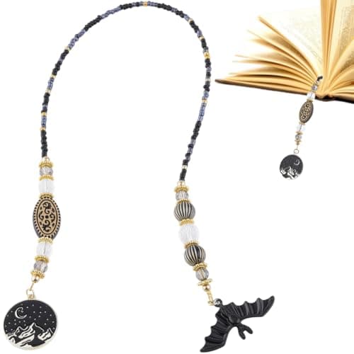 Image of CRASPIRE Moon Crystal Bead Bookmark Black Glass Seed Beaded Fantasy Bookmark Chain Book Lover Bat with Alloy Enamel Pendants Chain Page Marks Bookish Accessory for Readers Students Teacher