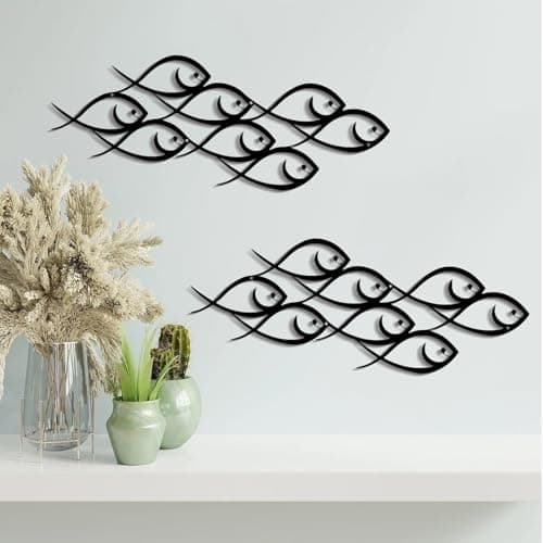 Image of DUOOLN 2Pcs Metal Wall Decor, Large Fish Family, Modern Marine Metal Wall Art, Minimalist Fish Sculpture Hanging Wall Sign,Rustic Home Wall Decor for Indoor Outdoor Kitchen Bathroom Patio Pool Porch