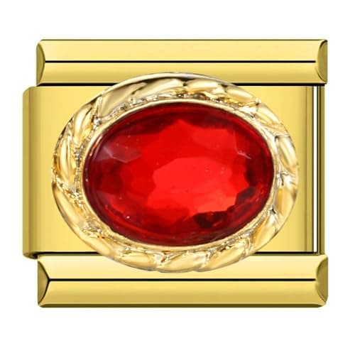 Image of Mon & Sons Ruby Red Gold Crystal Gem Charm Silver Italian Link Stainless Steel Bracelet Charm Compatible With 9mm Bracelet
