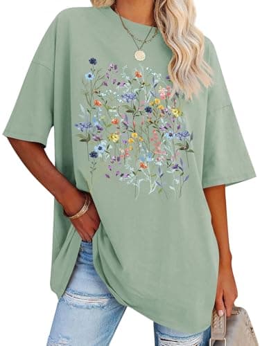 Image of Dresswel Oversized T Shirts for Women Wildflowers Floral Graphic Print Tshirt Womens Crew Neck Short Sleeve Oversize Loose Tees Summer Tops