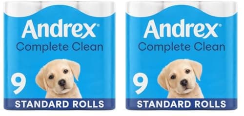 Image of Andrex Complete Clean Toilet Tissue 9 Rolls (Previously Andrex Classic Clean) Unbeatable Toilet Paper with Unique 3D Wave, FSC Certified (Pack of 2)