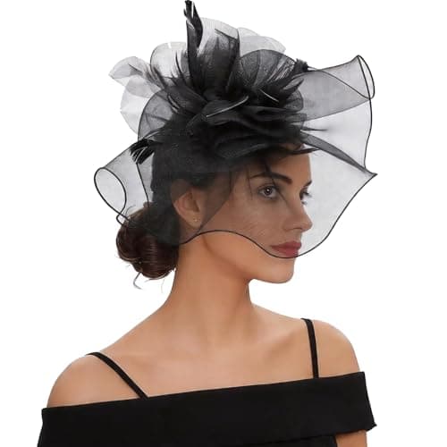 Image of XINCHIA Fascinator Hat for Women Girl Flower Mesh Veil Elegant Feather Headband Retro Cocktail Tea Bridal Shower Hair Clips Pillbox Hat Tea Party Wedding Headpiece Headwear Fancy Dress Black