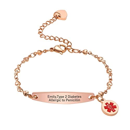 Image of VNOX Emergency Medical Bracelet for Women Personalized Stainless Steel Heart ID Bangle Link Charm Free Engraving Name Identification Jewelry Rose Gold Plated Medical Alert Bracelets for Ladies Girls
