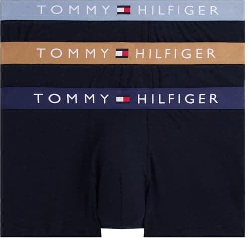 Image of Tommy Hilfiger Men’s 3 Pack Trunks with Logo Waistband, Multicolor (Prp Nvy/Hckory/Brk Blu), S