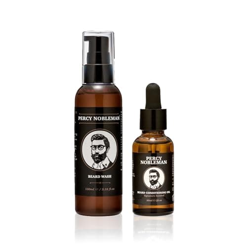 Image of Percy Nobleman Beard Care Bundle – Beard Wash & Conditioning Beard Oil – 95% Organic Cleanse + 99% Natural Oils – Argan, Jojoba & Avocado – Vanilla Musk Scent – Soften, Nourish & Tame Coarse Beards