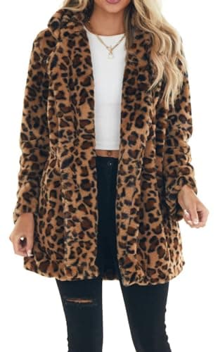 Image of FEOYA Women's Winter Coats Leopard Print Faux Fur Coat Fuzzy Cardigan Oversized Open Front Fleece Jacket Baggy Shaggy Lapel Cardigan Long Sleeve Loose Fit Coat with Pockets Outwear Autumn Winter 3XL