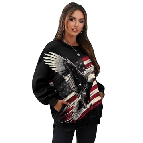 Image of FUIALDOLG Eagle American Flag Women's Long Sleeve Crewneck Sweatshirt Soft Loose Pullover Sweatshirts with Pockets Fall Winter Tops