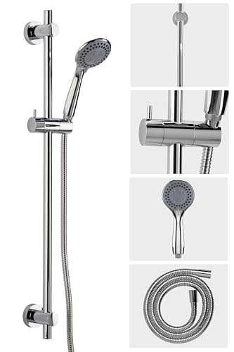 Image of Croydex Flexi-Fix Chrome Shower Head and Hose Set with Riser Rail - Shower Handset with 3 Spray Patterns, 800mm Rail, Reinforced 1500mm Shower Hose, Universal Holder, Water Saving, Rub Clean Nozzles