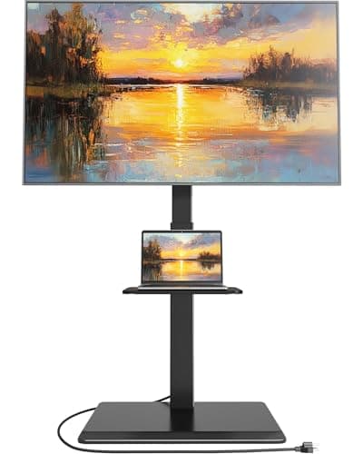 Image of ECOTINY Steel Base Floor TV Stand with Power Outlet for 32-75 inch TVs up to 110 lbs, Leveling & Tilt & Swivel TV Stand with Hidden Wire Management, Height Adjustable TV Stand with Steel Shelf, Black