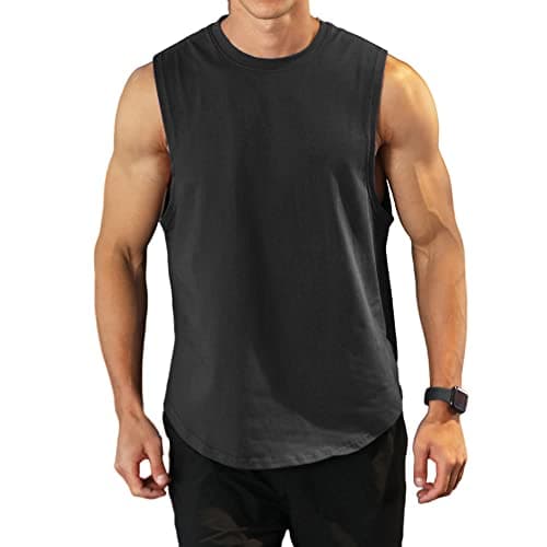 Image of Men's Workout Bodybuilding Tank Tops Athletic Training Gym Shirts Vest Cotton Cut Off Sleeveless Muscle T-Shirt Black L