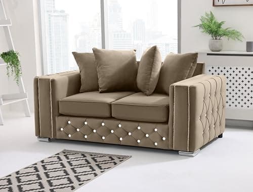 Image of Sofahub Milano Mink Plush Velvet Sofa Set – Scatterback Cushions, Diamond Button Tufted with Chrome Feet & Foam Seats | 2 Seater, 3 Seater, 3+2 Set, Armchair & Corner Sofa (Mink, 3-Seater)