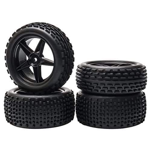 Image of Pxyelec 1/10 Scale Off Road RC Buggy Front & Rear Wheel Rims and Tyres X4 Black 5 Spoke for HSP