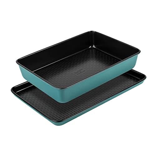 Image of Prestige x Nadiya Non Stick Baking Trays Set of 2 - Deep Roasting Tin 33 x 23cm & Large Oven Tray 38 x 25cm, Fridge, Freezer & Dishwasher Safe Steel Bakeware, Blue/Black