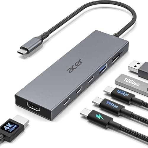 Image of Acer 6-in-1 USB C Hub 10Gbps, USB C to HDMI Adapter 4K@60Hz, 2×USB-C 3.2, 1×USB A 3.2, 1×USB 2.0 Data Transfer, 100W PD, Type C Multiport Splitter for Laptop, iPad Pro, iPhone 17/16/15
