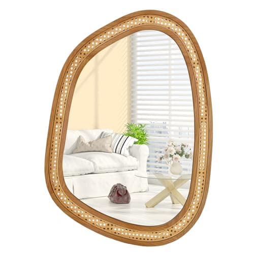 Image of COSTWAY Rattan Decorative Wall Mirror, 85x60cm Large Irregular Wooden Framed Hanging Vanity Mirror, Rustic Wall Mounted Mirror Accent Decoration for Bathroom, Living Room, Bedroom and Hallway, Natural