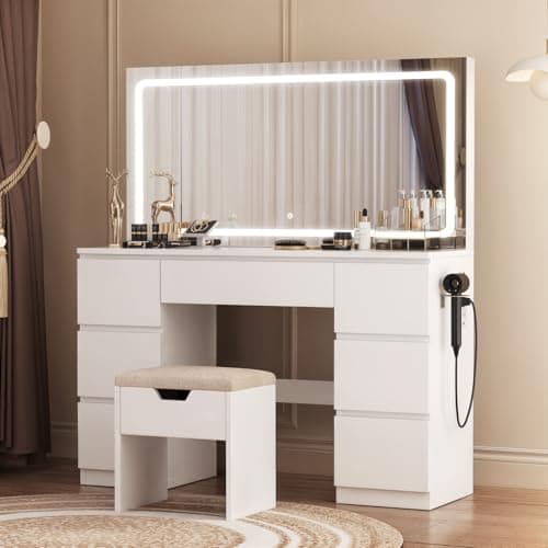 Image of TRIUMPHKEY Dressing Table with Stool,Large LED Mirror,Adjustable Brightness,Vanity Table Makeup Desk with 7 Drawers and Power Outlet for Home Furniture,White