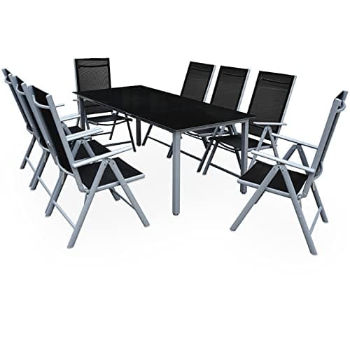Image of CASARIA® Bern 8+1 Garden Dining Furniture Set | 8x 8 Way Adjustable High Back Folding Chairs | Table 190x90cm Aluminium 5mm Black Safety Glass | Weatherproof Patio Balcony Deck Seating | Silver