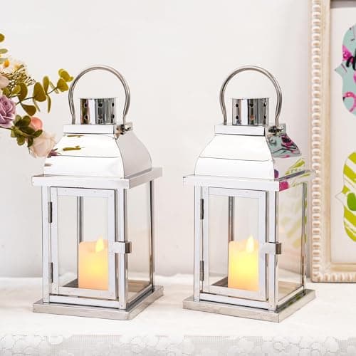 Image of Set of 2 Decorative Candle Lantern 25cm High Hanging Candle Holder Matel Vintage Lantern Decor with Tempered Glass for Indoor Outdoor Home Table Patio Wedding(Silver)