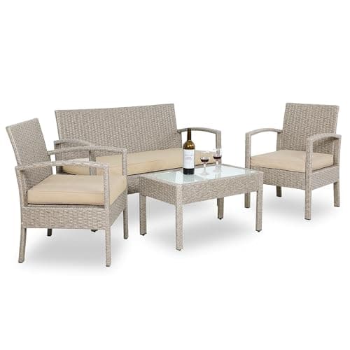 Image of CASARIA® 7pc Weatherproof Polyrattan Garden Furniture Set | Suitable for up to 4 People | Outdoor Patio Seating Group with 2 Armchairs, Bench, 3 Cushions, & Frosted Glass Top Table | Cream