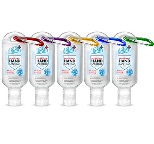Image of Safe Hands | Hand Sanitiser Gel With Clip | Pack of 5 x 50ml Bottles | 70% Alcohol | Pocket Size I Ideal For Kids, Travel, School & Work | Antiviral & Antibacterial Hand Sanitizer With Moisturisers