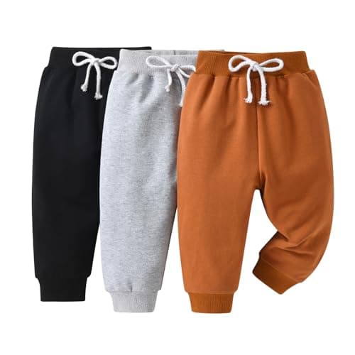 Image of Derouetkia Baby Boy Trousers Unisex Harem Pants for Toddler Boys Pack of 3, Black+Brown+Grey, 3-4 Years