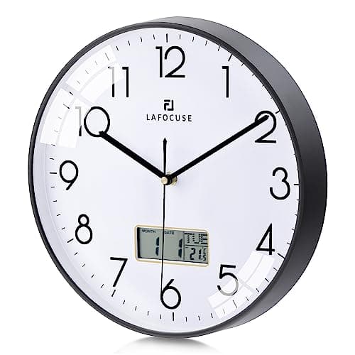 Image of Lafocuse 12 Inch Silent Black Wall Clock with Date and Day, Temperature, Day of Week, Kitchen Wall Clocks for Living Room Modern, LCD Digital Wall Clock Battery Operated Office Bedroom