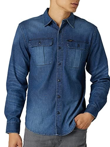 Image of Lee Men's Working West Relaxed Fit Long Sleeve Shirt Button, Mid Wash Denim, 34/36