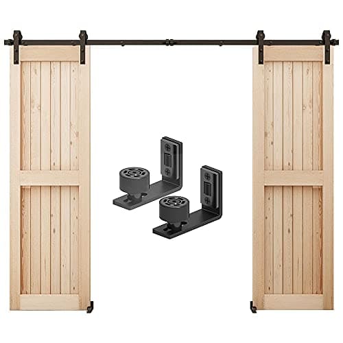 Image of CCJH 10FT/305cm Sliding Barn Double Door Hardware Track Kit J Shape Roller Hanger Set with Adjustable Floor Guide