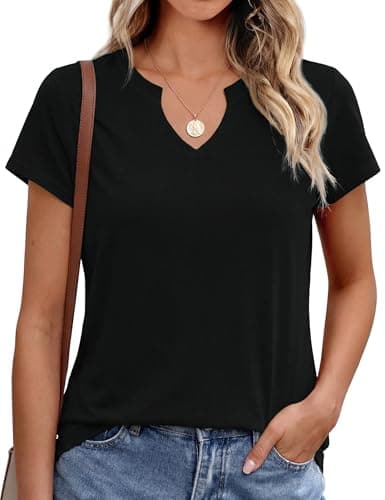 Image of Leversic Womens Tops V Neck Casual T-Shirt Short Sleeve Plain Color Summer Tunic Tops Basic Tee(Black,M)