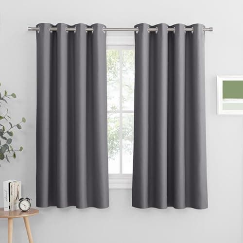 Image of PONY DANCE Grey Blackout Thermal Insulated Curtains for Bedroom, 46 x 54 Inch Short Eyelet Curtains & Drapes, Soft Black Out 2 Panels for Window Living Room/Kitchen