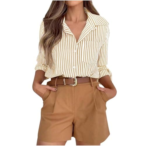 Image of Blouses for Women UK Striped Dress Shirts Button Down Shirt Casual Loose Long Sleeve Office Work Tunic Tops Collared Neck Roll Up Long Sleeve Blouse Regular Fit Tee Shirt with Pocket Yellow