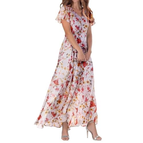 Image of Women's Chiffon Floral Maxi Dress UK Ruffle Short Sleeves V Neck Vacation Beach Dress Ladies Casual Elegant Sundress Floral Print Flowy Boho Dresses Summer Wedding Guest Long Dresses