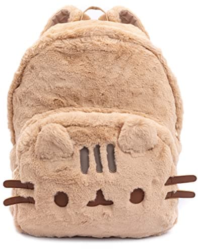 Image of Pusheen the Cat Beige Fluffy Rucksack | 3D Ears Backpack with Padded Straps | 16 Inch School Travel Daypack | Laptop Gym Bag | Pusheen Merch