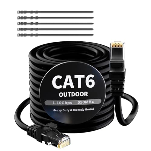 Image of Mygatti CAT 6 outdoor Ethernet cable 20 meters-Black,1.0 Gigabit Heavy Duty Internet network RJ45 cable,durable,waterproof,direct Burial,for POE camera,Router,Modem,with 25 cable ties