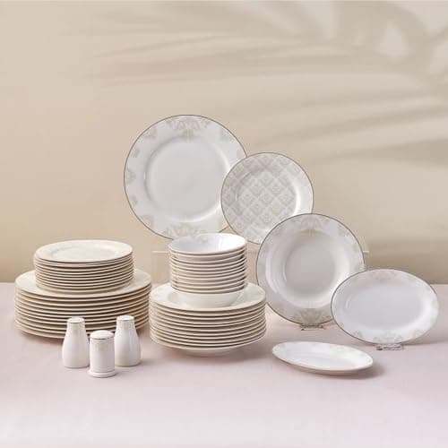 Image of Karaca Siena 53-Piece Porcelain Dinner Sets with Dinner & Dessert Plates, Bowls - Bone China Dinnerware Sets for 12 People (White)