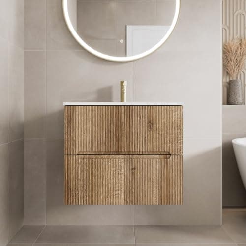Image of Vitusso® 600mm Bathroom Cloakroom Vanity Unit Basin Sink Wall Hung Storage Furniture 1 Tap Hole White Basin Soft Close, Oak Wood