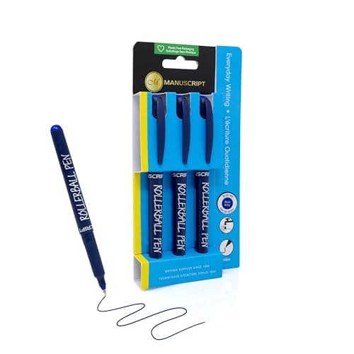 Image of MANUSCRIPT Rollerball Pens (Pack of 3) - Blue Writing Pens with Ergonomic Grip for Everyday Use, Reliable Pen Multipack with Durable Tip, Essential Work & School Supplies