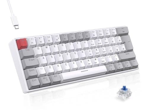 Image of TECURS 60% Mechanical Keyboard，Wired Gaming Keyboard, LED Backlit,Blue Switch,Mini White Keyboards for PC/Windows/Laptop/PS4/Xbox, White and Grey, UK-Layout