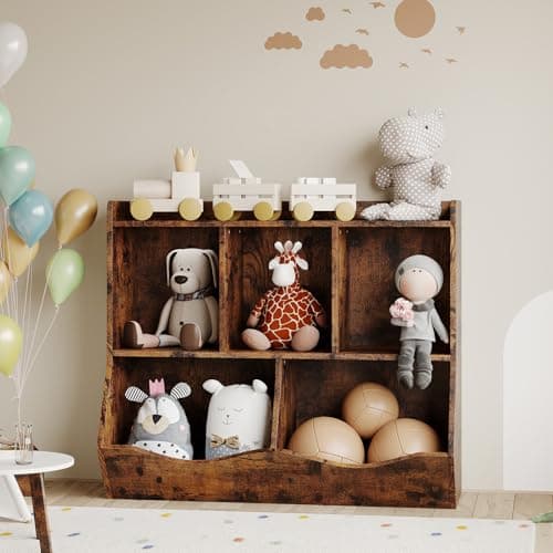 Image of 2-Tier Wooden Toy Storage Organizer & Kids Bookshelf - 5-Section Book Rack Daycare Furniture, Toddler Toy Cabinet for Kindergarten, Nursery, Playroom or Bedroom (36"L x 11.4"W x 31.5"H) - Retro