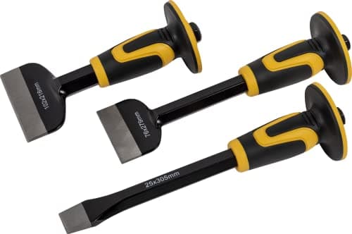 Image of Roughneck ROU31993 Bolster & Chisel Set - 3 Piece Including: Brick Bolster 102x216mm (4x8½in) Electrician’s Bolster76x279mm (3x11in) & x1 Cold Chisel 25x305mm (1x12in), Multi